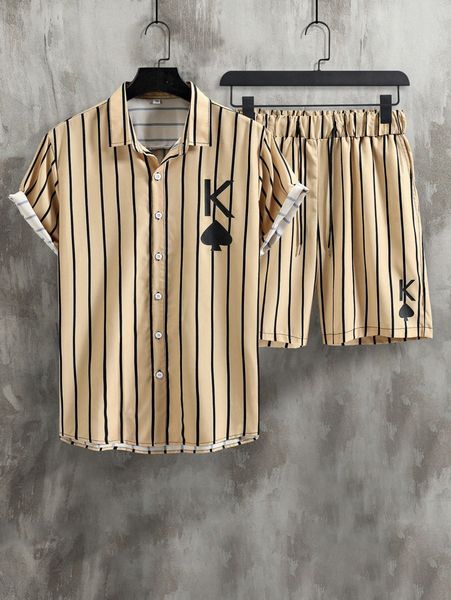 

men vertical striped playing card print shirt & drawstring waist shorts b548#, Gray