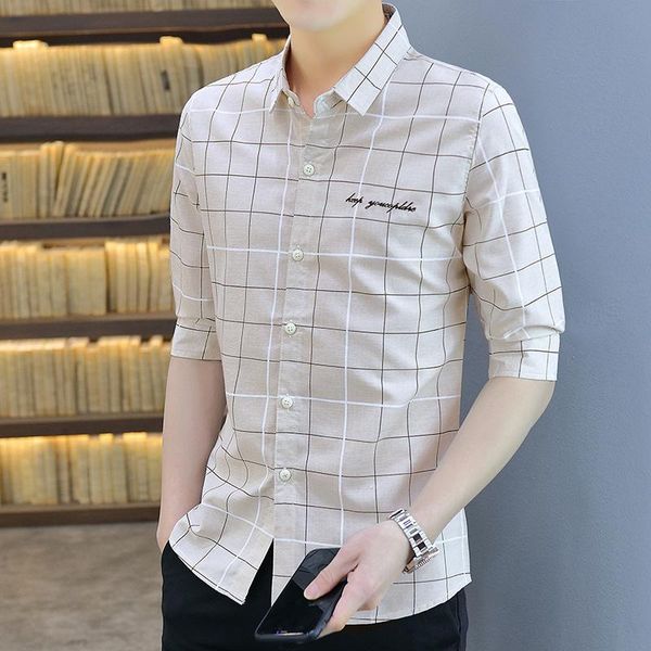 

men's casual shirts summer fashion comfortable small fresh loose slim shirt lattice printing trend cardigan short sleeve square collar, White;black