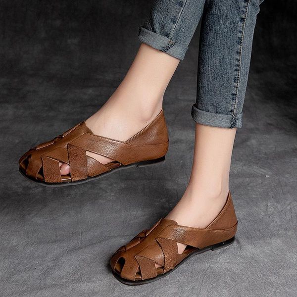

sandals women leather low heels round toe 2021 summer shoes femal casual handmade genuine lazy, Black