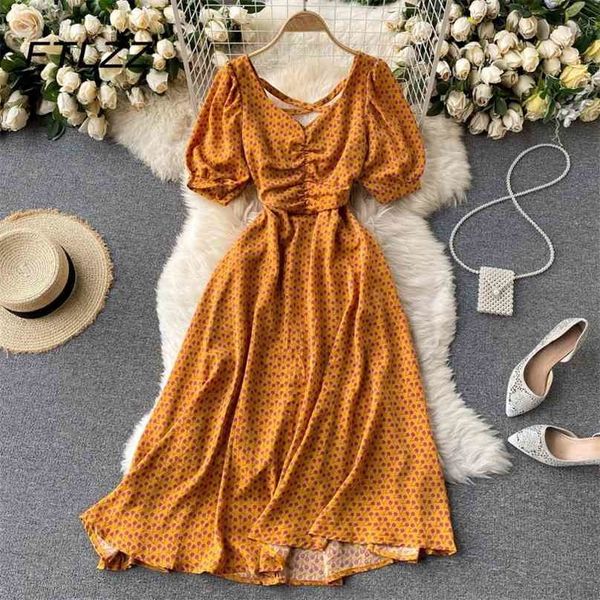 

women french elegant dress summer vintage dot print puff sleeve pleated v-neck chiffon dresses ladies retro long robe 210525, Black;gray