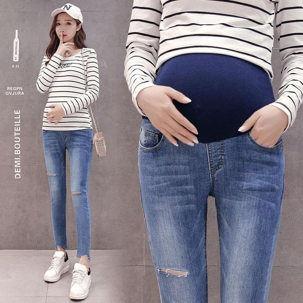 

spring autumn 9/10 ripped hole washed denim maternity skinny jeans cotton elastic belly pants for pregnant women pregnancy, White