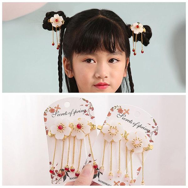 

1set=2pcs tassel style girls hair clips chinese traditional princess beads flower hairpins children kids hair accessories, Slivery;white