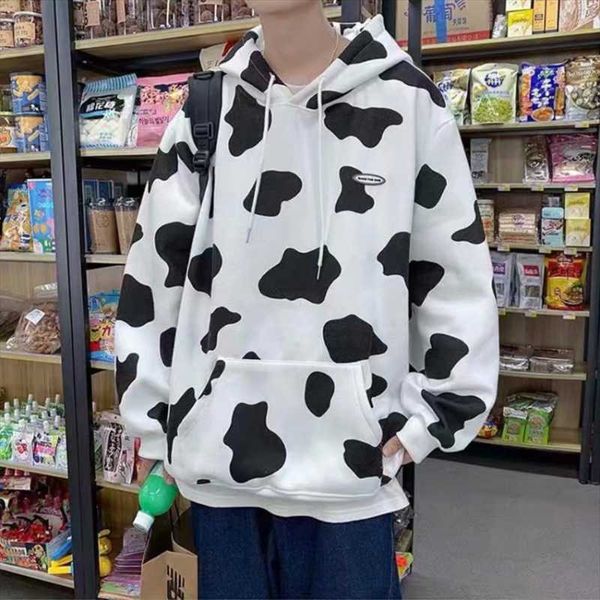 

men's hoodies & sweatshirts autumn and winter harajuku korean wind cow print sweatshirt men hooded loose fashion jacket trend young cou, Black