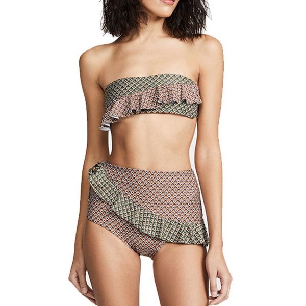 

2021 new women 2pcs contrast color bikini set irregular ruffles bandeau swimsuit