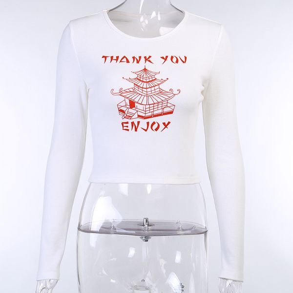 

streetwear women slim letter print long sleeve crop harajuku bodycon knitting o-neck tshirt autumn casual top, White