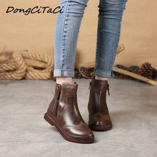 

n autumn winter women cow leather snow boots shoes woman retro ankle genuine leather short brown boots, Black