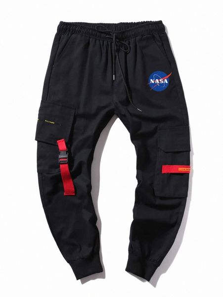 

romwe guys letter graphic contrast tape pants h1wd#, Black