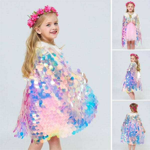 

scarves mermaid cloak children colorful sequined capes princess kid shiny bright party costume girl bmf88, Blue;gray