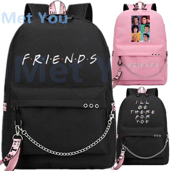 

backpack movie friends fans usb school book black pink bag travel bags lapchain student headphone ports