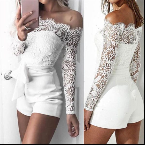 

women white lace bodysuit off shoulder playsuits bodycon long sleeve jumpsuit ladies overalls shorts jumpsuits, Black;white