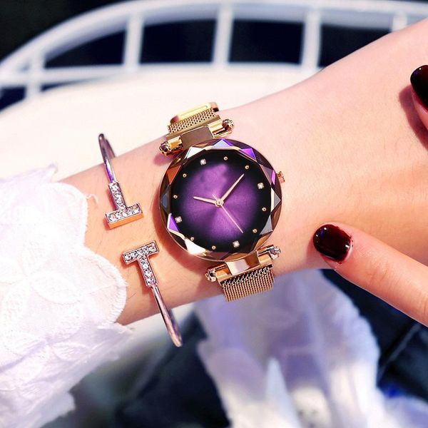 

wristwatches women watches luxury rose gold starry sky magnetic mesh rhinestone quartz wristwatch lady diamond watch female clock, Slivery;brown