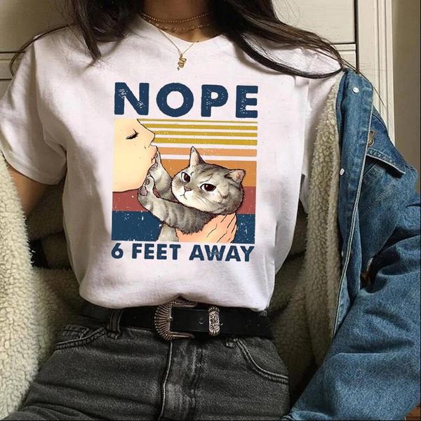 

women clothes lady graphic striped cat funny 90s print cartoon autumn fall halloween tees female t shirt womens t shirt, White