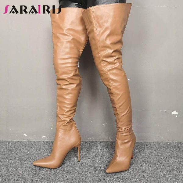 

boots sarairis female party casual dress winter knee high women pointed toe thin heel solid shoes woman, Black