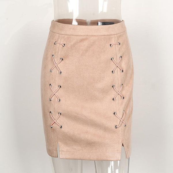 

skirts lace-up leather suede pencil skirt 2021 women's vintage cross high waist zipper split bodycon preppy short, Black