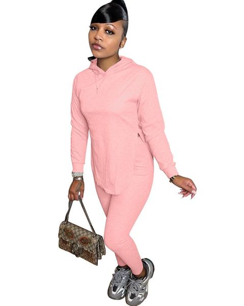 

women's two piece pants urban casual sets medium length solid color comfortable tracksuit long sleeve hooded bottomed shirt and, White