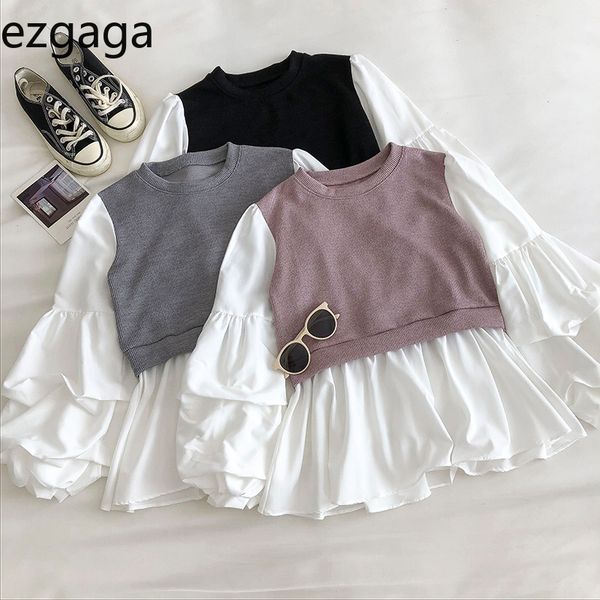 

ezgaga patchwork shirts women autumn new fake two o-neck puff sleeve korean fashion ladies blouse casual clothes 210302, White