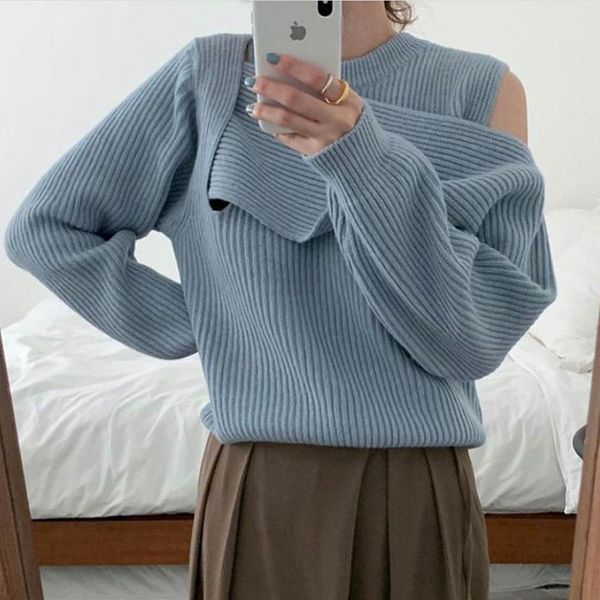 

women's sweaters autumn 2021 round neck asymmetric off shoulder knit sweater women korean elegant long sleeve knitted pullover female c, White;black