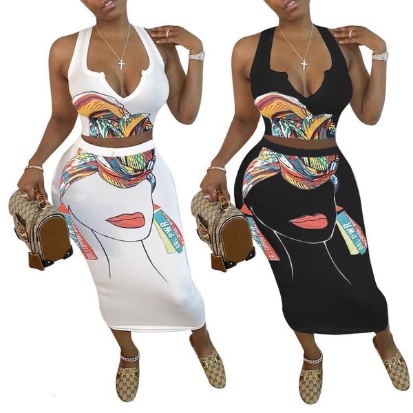 

women summer cartoon character print v-neck crop midi bodycon skirt suit two piece set tracksuit dress, Gray