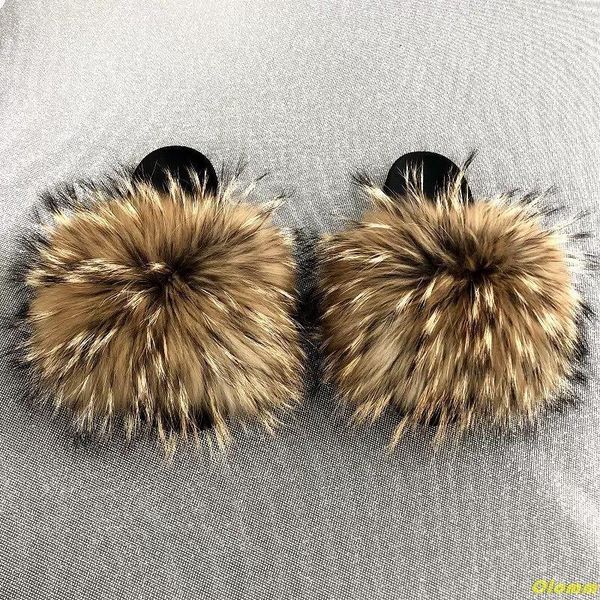 

slippers test real fur slides summer beach fluffy 100% raccoon flip flops sandals shoes wholesale, Black