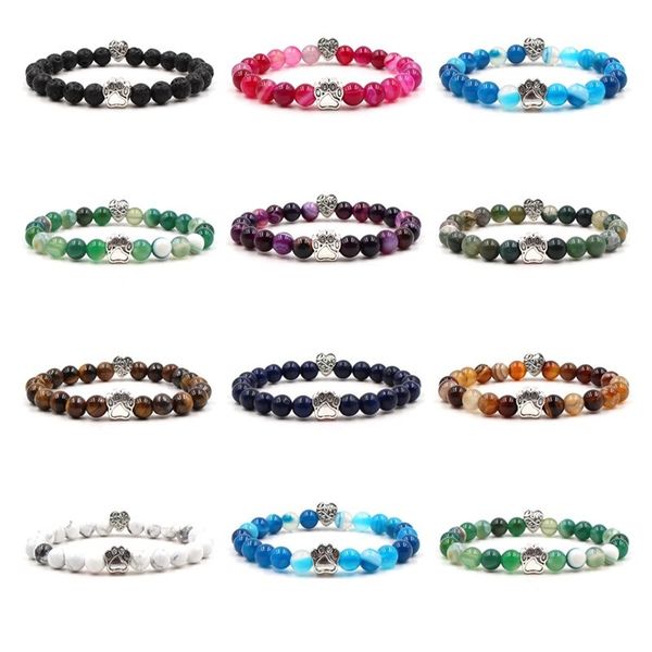 

8mm colourful stripe stone beads bracelets dog cat footprint paw heart love charms bracelet pet lover strench jewelry, Golden;silver