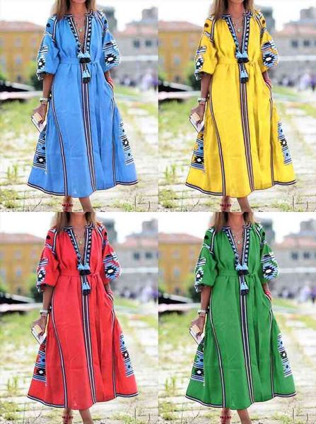

superaen bohemian summer spring womens dresses fasion embroidery v neck loose plus size long, Black;gray