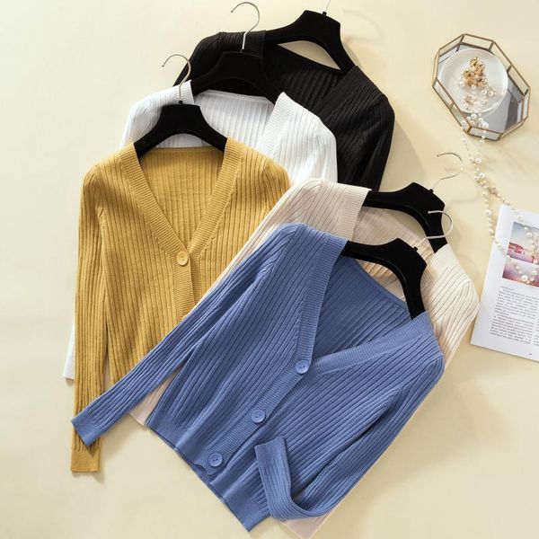 

cropped knitted cardigans women korean style white long sleeve casual blue sweter mujer pull femme nouveaute 2021 crop top