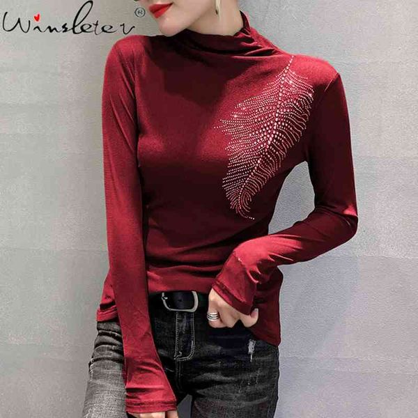 

women's t-shirt fall winter korean style t-shirt fashion turtleneck mesh shiny diamond women ropa mujer casual tees t086, White