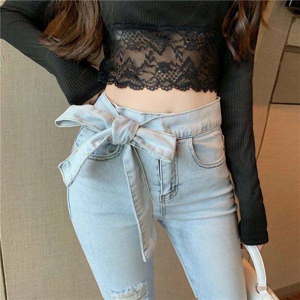 

hip hop frizzled autumn 2020 bow new korean tie high waist elastic tight jeans leggings k, Blue