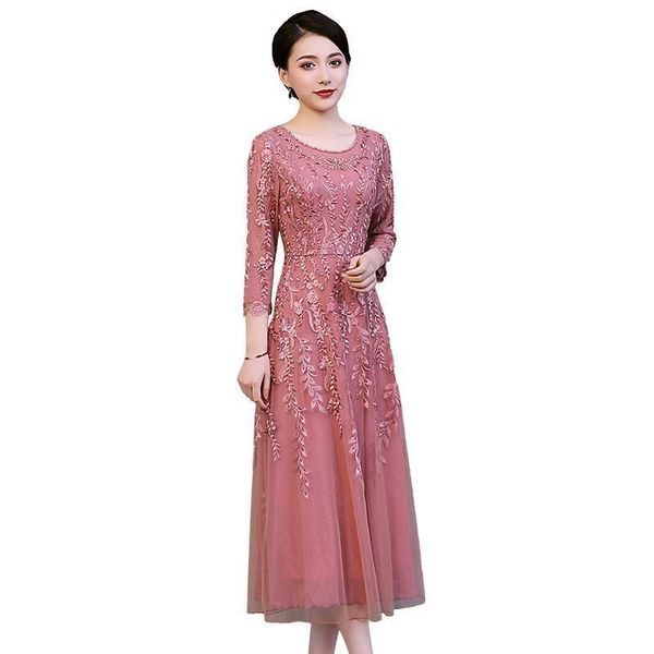 

casual dresses women vintage dress floral embroidery o-neck mesh elegant three quarter sleeve a-line party vestidos, Black;gray