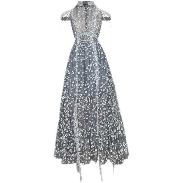 

est designer runway fashion stunning embroidery gauze long dress 210526, Black;gray