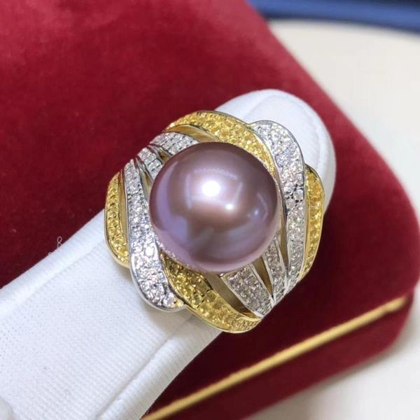 

cluster rings d410 pearl ring fine jewelry 925 sterling silver natural 12-13mm round fresh water purple pearls for women presents, Golden;silver