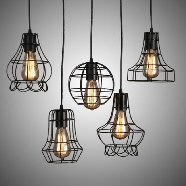 

loft retro vintage black industrial iron cage pendant lamp cord lights illumination for dining room bedroom bar coffee office