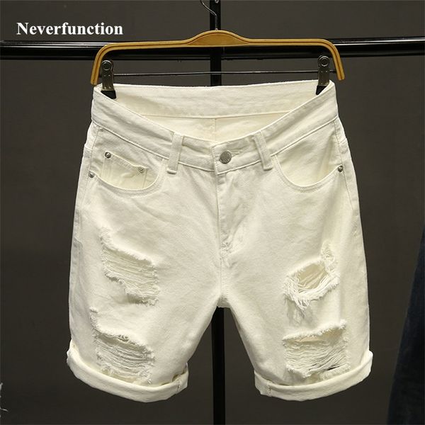 

summer white men ripped loose straight jeans short fashion hip hop bermuda holes male solid color casual beach denim shorts 210310, White;black