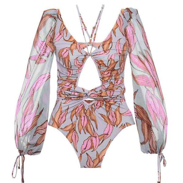 

swimsuit long sleeve swimwear women bandage print monokini black bathing suit string backless beachwear 210728, White;black