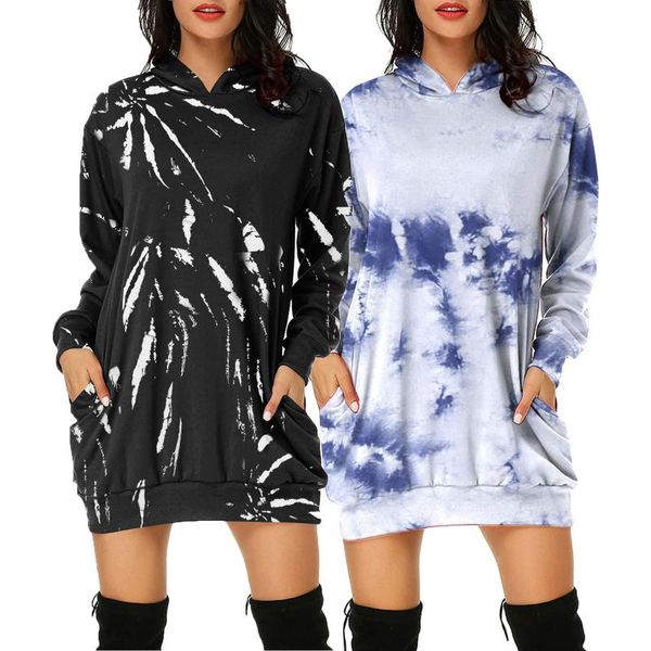 

casual dresses women hoodies dress tie-dye printed long sleeve hooded tunic pockets pullover vintage winter vestidos female elegant, Black;gray