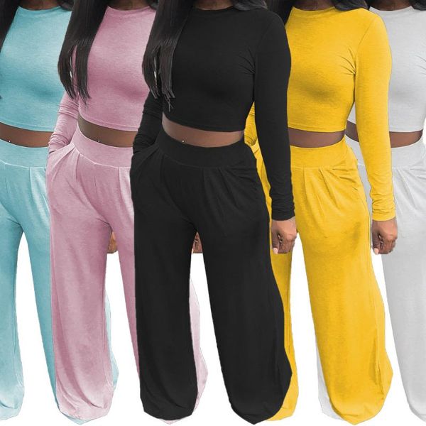 

women's two piece pants rstylish fall 2021 women clothes solid color long sleeve crop t-shirt loose wide leg set, White