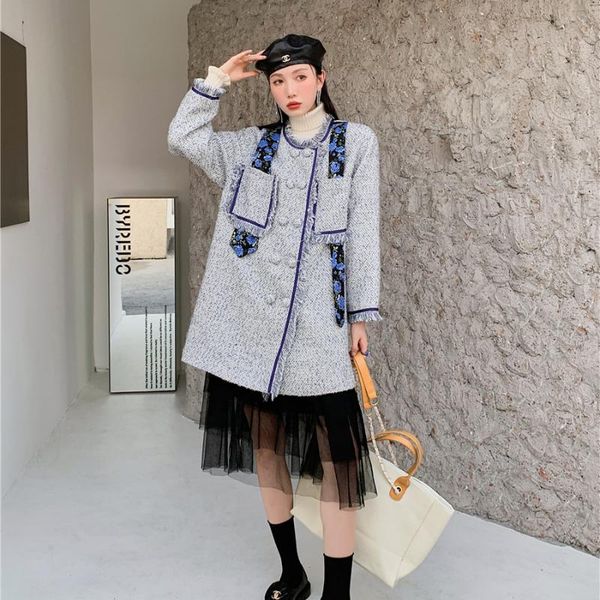 

women's wool & blends vintage french style jacquard tie tassel coat autumn winter women elegant double breasted loose tweed mid-long ja, Black