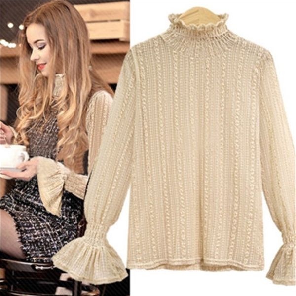 

2021 new lace long sleeve blouse women blusas lady female elegant perspective turtleneck shirt casual streetwear blouses 3rzw, White