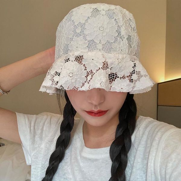 

wide brim hats women's lace hat soft flower wide-brimmed sun summer thin sun-proof fisherman, Blue;gray