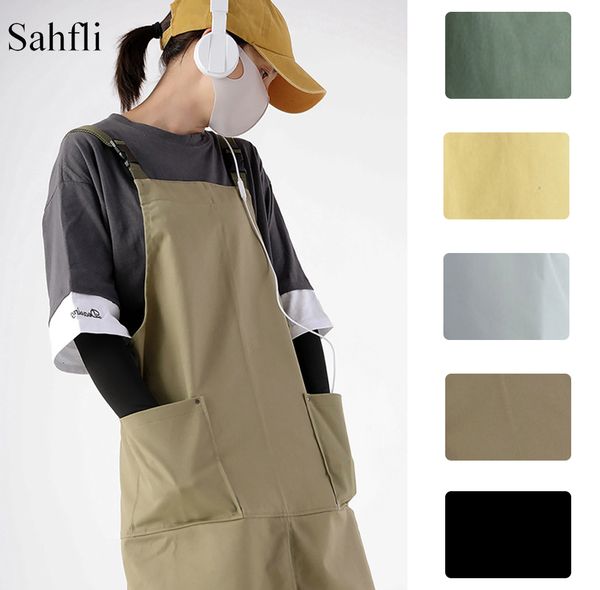 

solid color master aprons work chef cook kitchen apron hairdresser canvas sleeveless bib work uniform waterproof with pockets