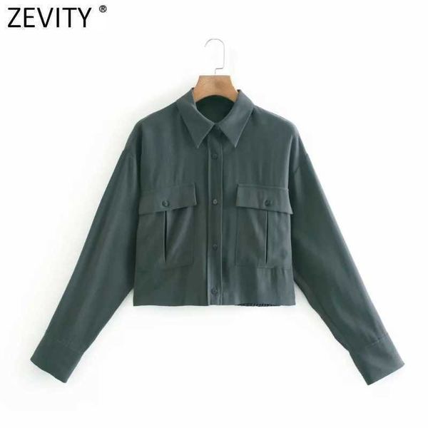 

zevity women safari style double pockets decoration short smock blouse office lady business shirts chic blusas ls7569 210603, White