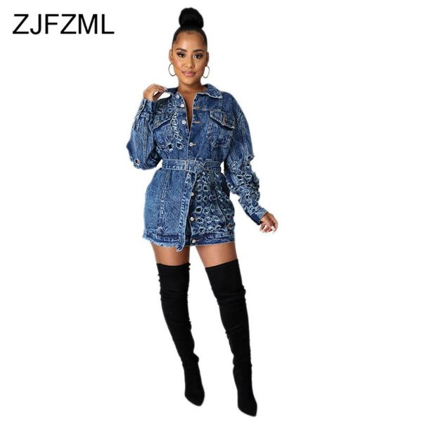 

single-breasted casual fashion denim mini dress women turn down collar long sleeve bandage dress casual pocket belt hollow, Black;gray