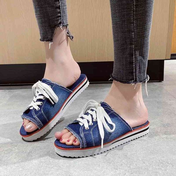 

sandals summer canvas flat slippers women 2021 round toe lace up non-slip casual shoes woman comfortable super light slides hy5k, Black