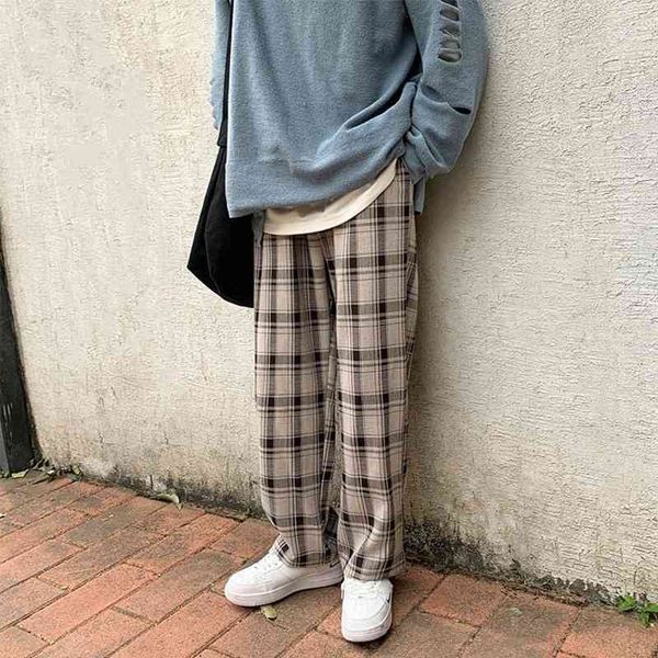 

men's pants spring summer plaid vintage bottoms korean casual clothing drawstring wide leg straight loose check trousers s4ub, Black