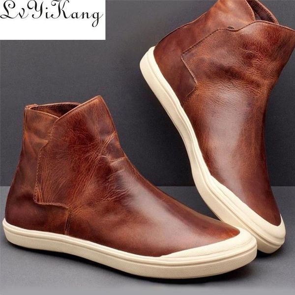 

boots lzj women ankle ladies slip on retro botas women's soft pu leather woman flat platform female casual shoes plus size, Black