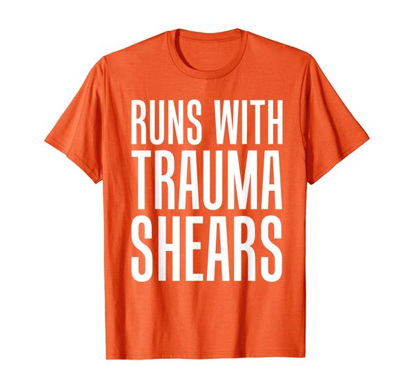 

runs with trauma shears t-shirt in pink, orange, purple, etc, White;black