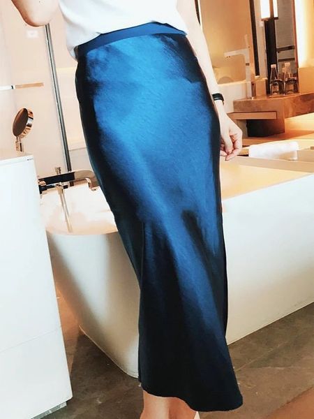 

2021 new primavera outono mulher de cetim cor slida cintura alta elegante escritrio senhora diviso saia q4h5, Black