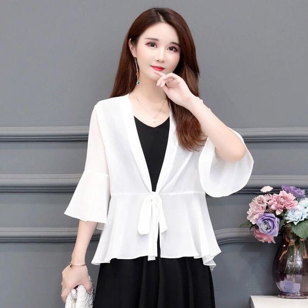

women's jackets 2021 spring summer white chiffon jacket women three quarter sleeve sunscreen shirt loose thin coat plus size ladies y9, Black;brown