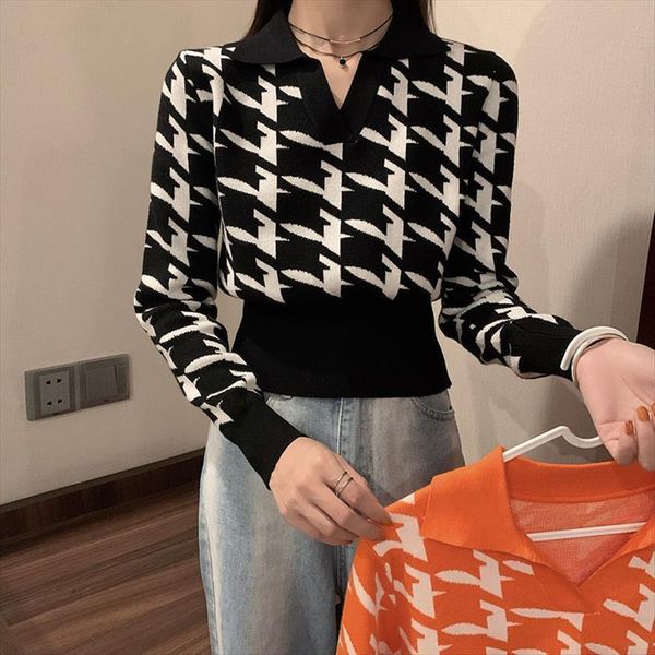 

autumn spring women womens sweaters v neck cropped houndstooth pullover girls full sleeve knitted crop female jumpers, White;black
