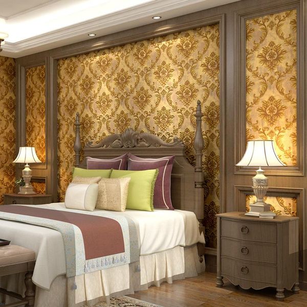 

wallpapers om bedroom tv back walleuropean high-end retro nostalgic wallpaper damascus golden moisture-proof mildew-proof pressed living ro